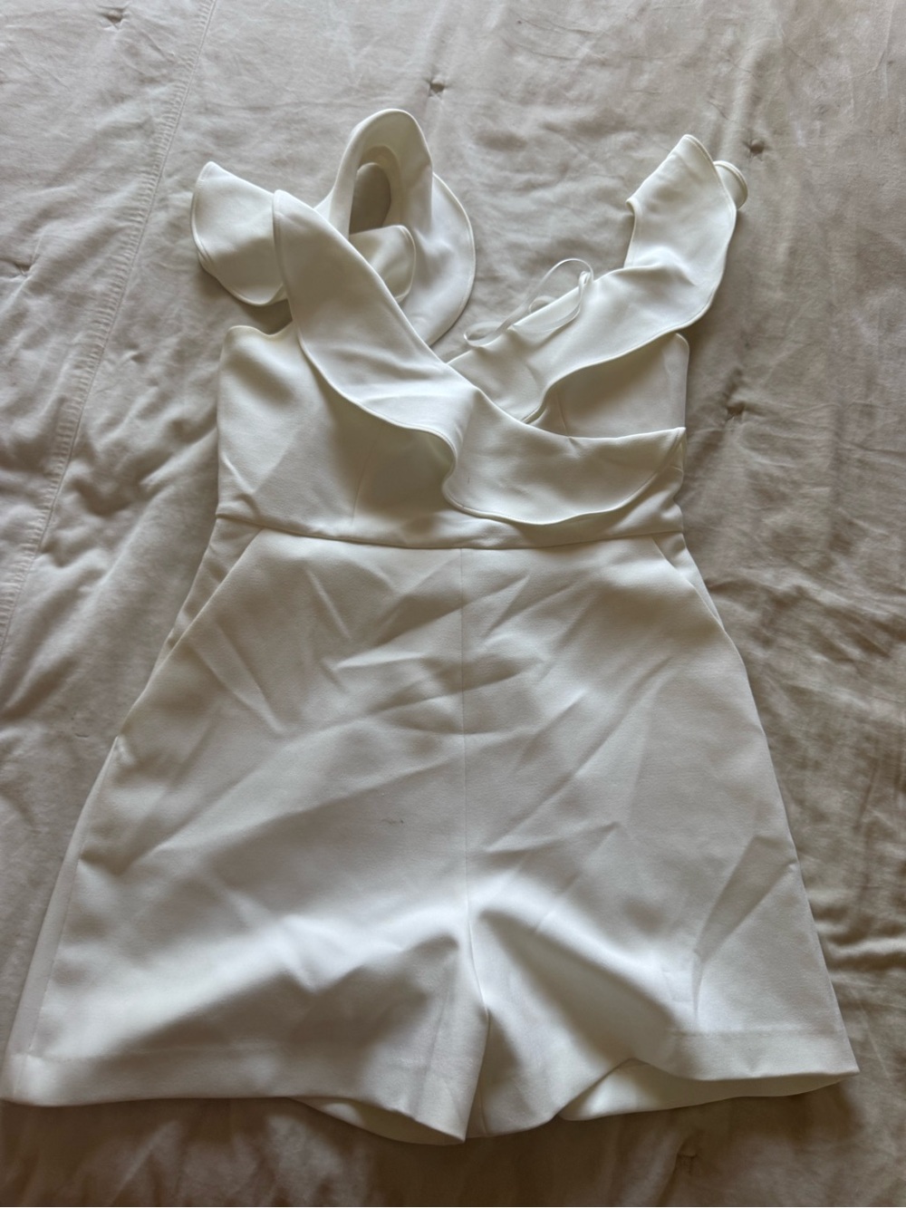 BCBGMaxAzria White One-Shoulder Ruffle Romper